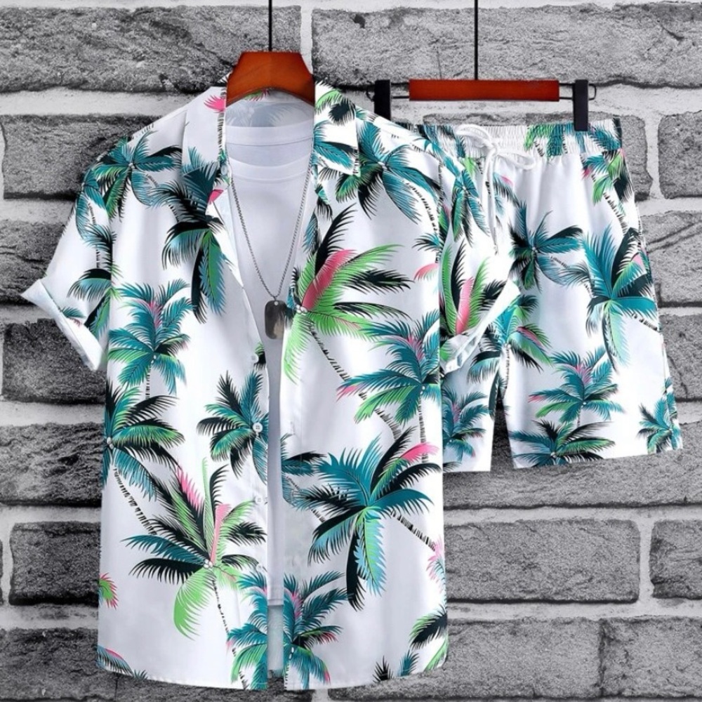 Men Random Palm Tree Print Shirt & Drawstring Waist Shorts [
Without Tee